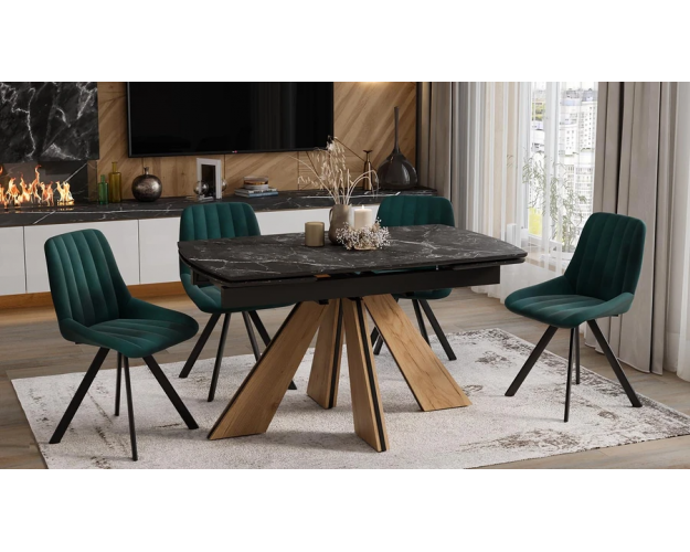 Стол обеденный Палмер тип 1 черный муар / дуб галифакс / черный мрамор