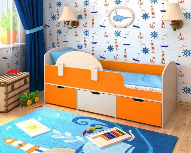 Кровать Малыш-мини с бортиком Дуб молочный/Оранжевый